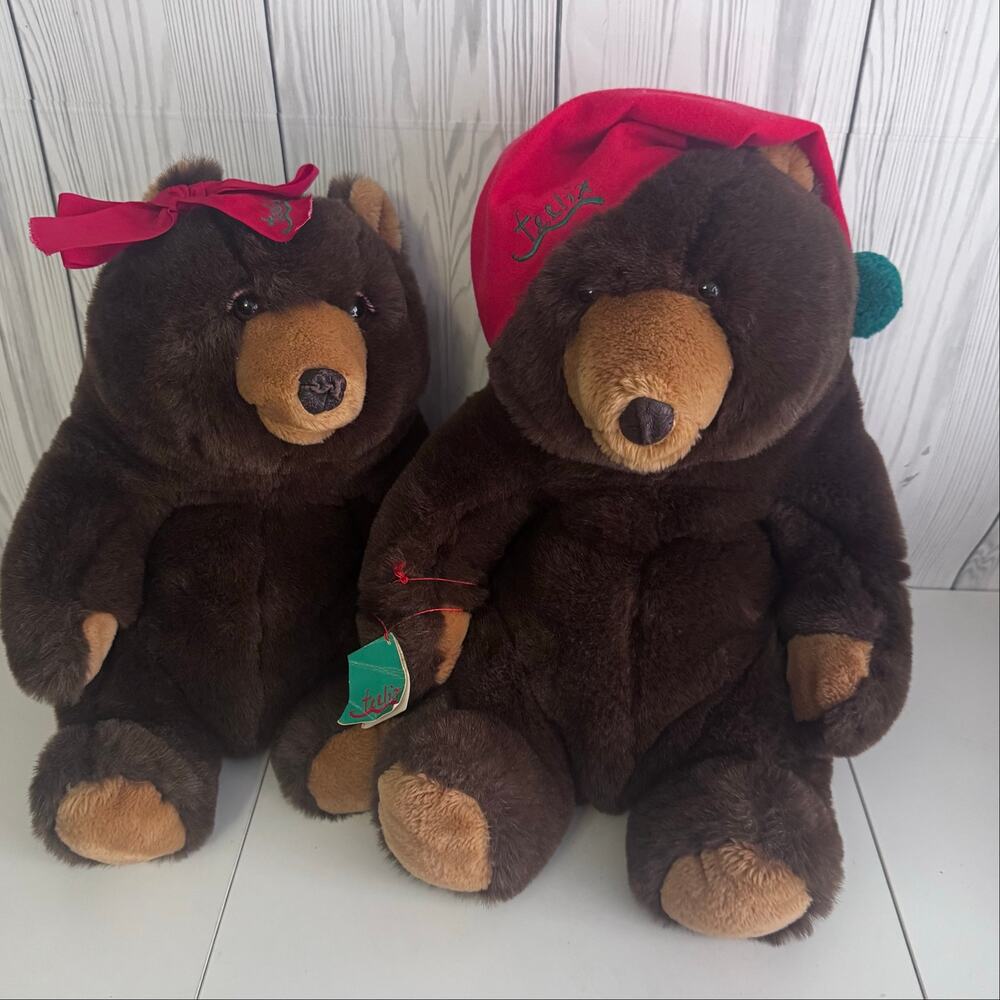 Vintage '80s Filene’s Felix  and Felicia Christmas Teddy Bears 17” Plush Brown